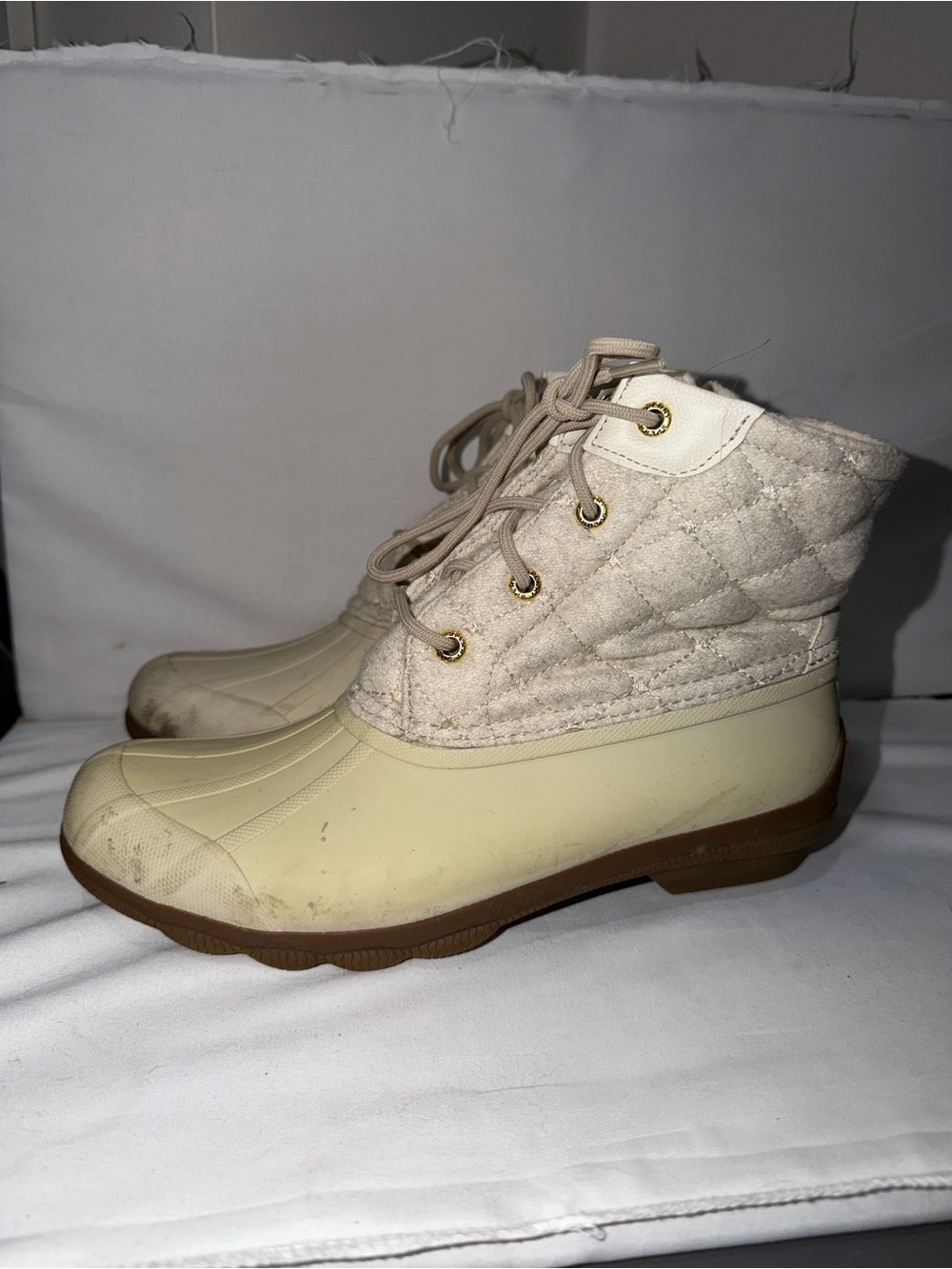 Sperry Boots Syren Gulf Wool Quilted Ivory Tan Zip Up Winter Shoes 8 Duck Boot